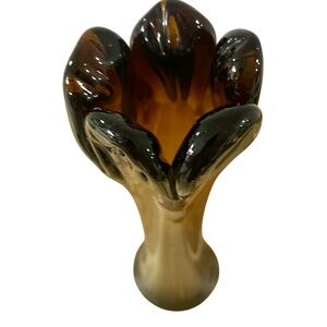 Vintage Mid Century Style Root Beer Amber Glass 5 Finger Swung Pulled Vase 11.5”